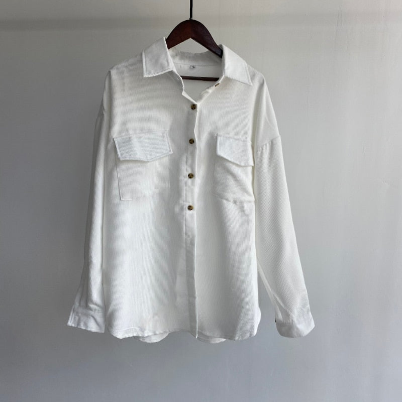 Christmas Gift  Corduroy Shirt Coat Women White Long Sleeve Single Breasted Coat 2021 Mujer Vintage Jacket Streetwear