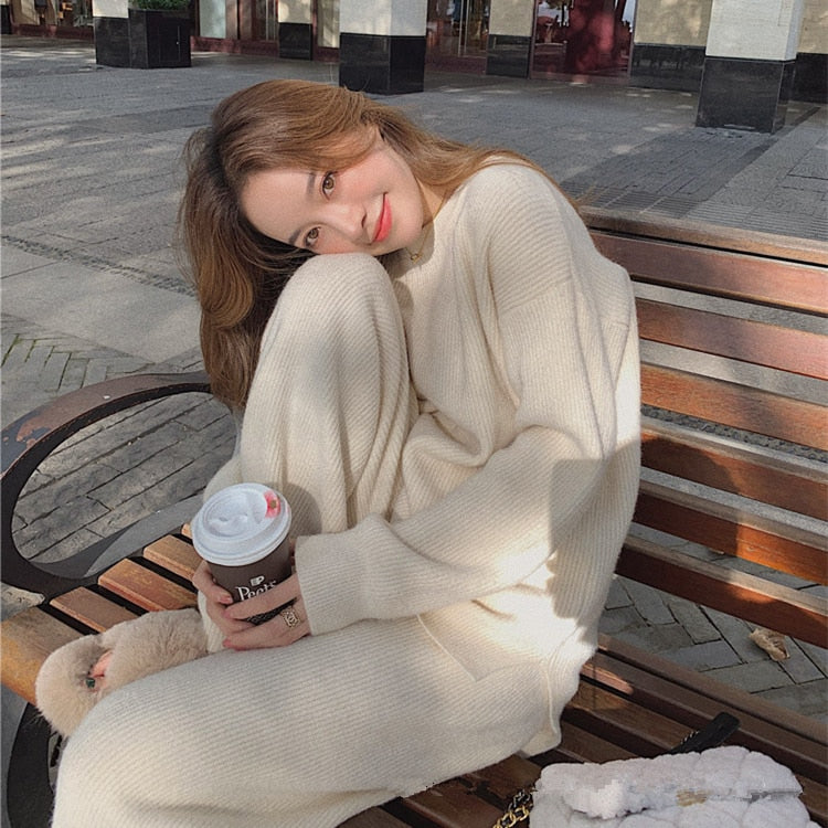 Christmas Gift Two Piece Set Pullover Sweater Tracksuit Women High Waist Knit Straight Pants Suit Spring Clothes