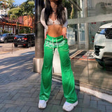 Christmas Gift Green Pants Embroidery Straight Pants Women Velvet Drawstring High Waist Trousers Casual Baggy Wild Streetwear Fashion Sweatpant