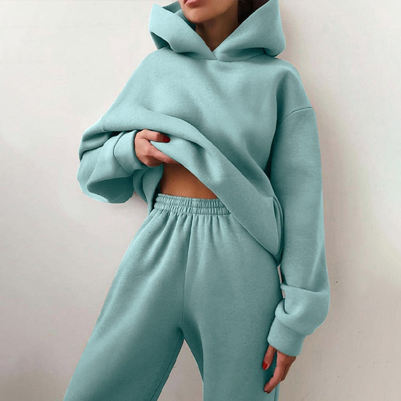 Christmas Gift 2021 New Women Elegant Solid Suits Warm Hoodie Sweatshirts And Long Pant Fashion 2 Pieces Sets Oversized Sweatshirt Tracksuit