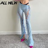 PENERAN  Aesthetics Lace-Up Blue Floral Pants E-girl Streetwear High Waist Hollow Out Patchwork Trousers Full Length Pants