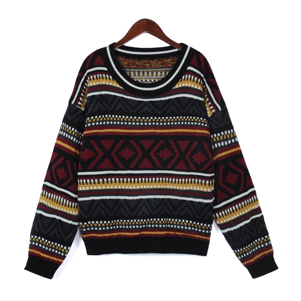 Peneran 2023 Autumn Winter Vintage Women Sweater Fashion O-Neck National Jacquard Woolen Sweater Color Striped Top Long Sleeve Clothing