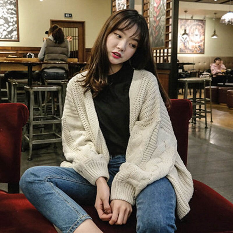 Christmas Gift Pure Color Casual Loose All-match Long-sleeved Twist Knit Sweater Keep Warm Cardigan Jacket Women Autumn Winter 2021 Korean Top