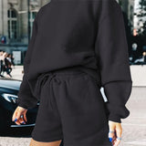 Christmas Gift  Solid Women Shorts Set Loose Casual Sweatshirt Fleece Pullover And Drawstring Shorts Suit Two Pieces Set Thick Tracksuit