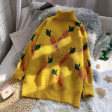 Knitted Sweater Women Turtleneck Carrot Pattern Long Sleeve Pullover Loose High neck Streetwear Yellow Autumn Winter 2022
