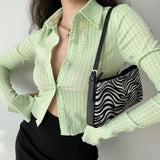 Vintage Plaid T Shirt Sexy Green Y2K Lapel Button Up Printed Flared Long Sleeve Slim Shirt Cardigan Blusas Female Tops Tees