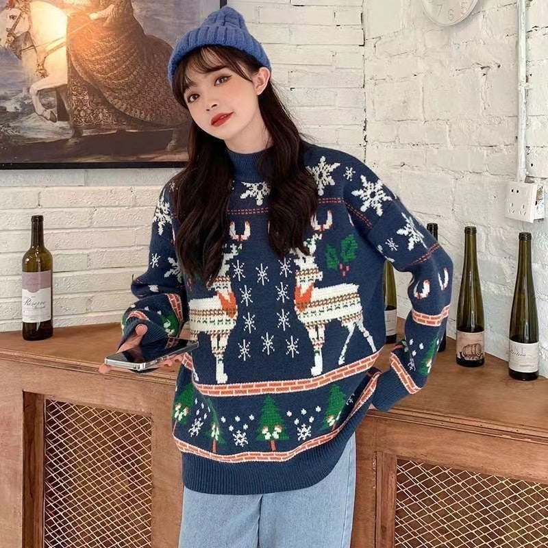 Christmas Gift Christmas sweater women New Year Round Neck Sweater Women Loose Outer Wear Deer Autumn and Winter Thick Lazy Knit Women