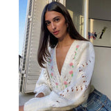 Peneran-Christmas Gift Floral Knitted Cardigan Women Sexy V Neck Long Sleeve Hollow Out Chic Sweater Female All Match Sweet Soft Loose Crop Top Autumn