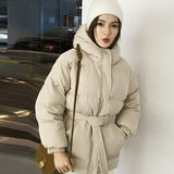 PENERAN 2022  Women's Jacket Streetwear Casual Padded Winter Warm Coat Femme Black Parkas with Sashes Hooded Korean Style Women Clothing