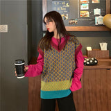 New Colorful Vests Women Fall Casual Loose V-neck Knit Pullovers Sleeveless Female Street Style Hit Color Knitted Waistcoats