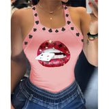 PENERAN Summer Ladies Harajuku Shirts Slim Fit Polyester Sleeveless Top Tshirts Tank Tops Women U Neck Letter Print Lips Vest