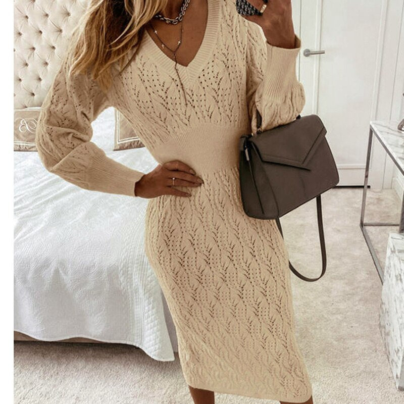 PENERAN Sweater Dress Female 2022 Autumn Winter Knitted Hollow Out Midi Party Dresses V-Neck Long Sleeve Thick Sheath Dress For Women