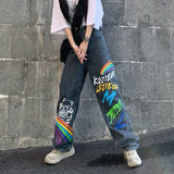 Rainbow Graffiti Printed Cotton Jeans Women'S Summer Harajuku Long Pants High Waist Jeans Streetwear Hip-Hop Prom Women Jeans