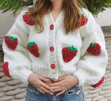 Christmas Gift  Strawberry Kintted Long Sleeve Loose Single Breasted Coat Women Autumn Fashion Thicken Warm Cardigan Sweater Streetwear