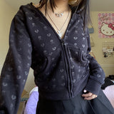 Peneran 90s Vintage Skulls Print Black Sweatshirt Zipper Long Sleeve Autumn Hoodies Fairycore Grunge Jackets Retro Harajuku Winter Coat