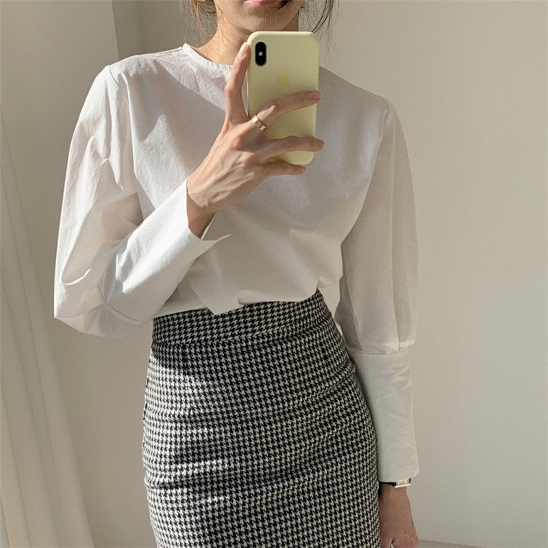 Christmas Gift Office Lady Women Chic Solid Spring Hot 2021 Puff Sleeves Brief All Match Elegant O-Neck Streetwear Large Size Shirts