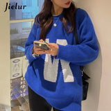 Peneran Fashion Letter Blue Knitted Sweaters Women Winter New Kpop Style Loose Outer Wear Sweater Female Leisure O-Neck Pullovers