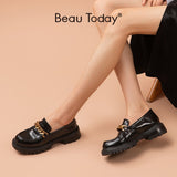 Graduation Gifts Loafer Platform Women Cow Leather Metal Chain Round Toe Sewing Slip On Ladies Chunky Heel Shoes Handmade 27768