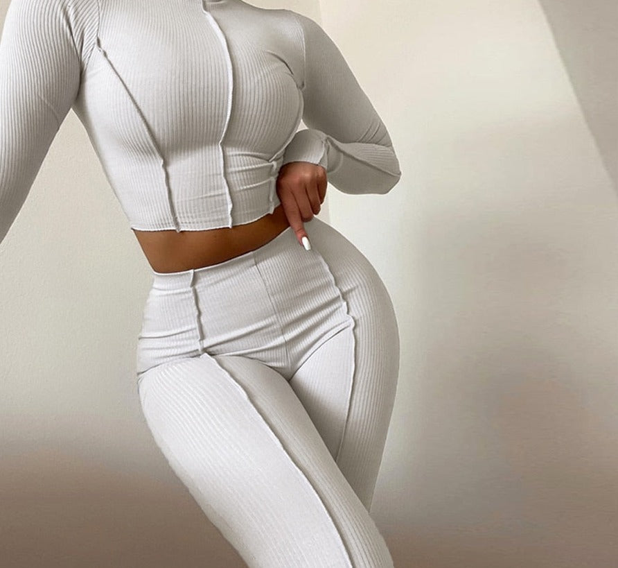Christmas Gift  Autumn Solid Two Piece Set Women's Outfits Half High Collar Long Sleeve Crop Top+Skinny Leggings Lady Casual Sporty Suit