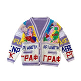 Vintage Cardigan Women'S Sweater Letter Purple White Patchwork Cartoon Embroidery Oversized V-Neck Pocket Buttons Winter Tops