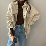 Christmas Gift Spring New Women Solid Corduroy Shirts Jackets Full Sleeve Turn-Down Collar Oversize Coats Casual Autumn Basic Outwear T0O901F
