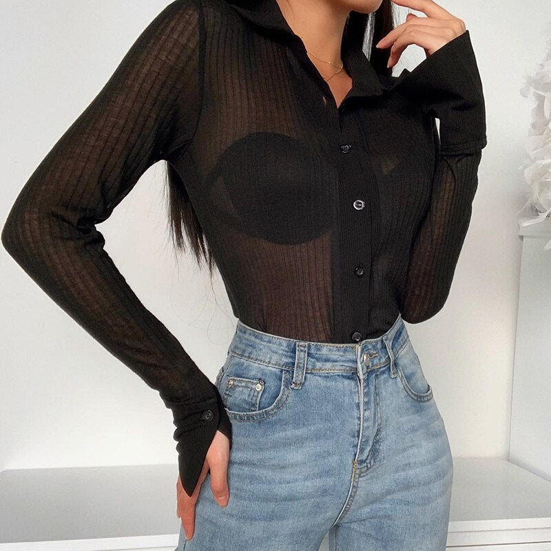 Sexy Mesh Shirts Long Sleeve Transparent Turn Down Collar Solid Casual Streetwear Summer Office Lady Blouse Female Top