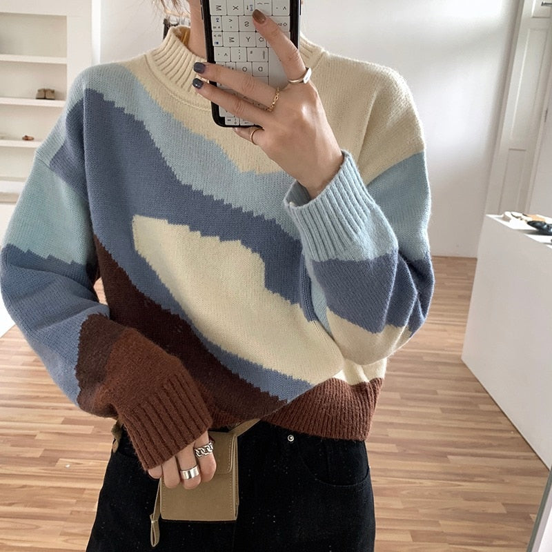 Christmas Gift Autumn Winter Color Matching pullover Knitted Sweater Female Long Sleeve Jumper Casual Loose Sweaters