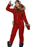 Christmas Gifts Winter Ski Jumpsuit Women Fur Collar Hooded Snowsuit Warm Outerwear Zip Up Ski Overalls Elastic Waist One Piece Snowboard Suit