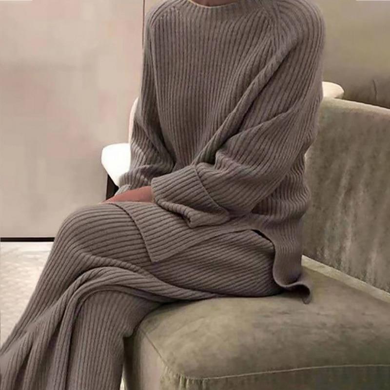 Peneran Women Knitted Tracksuit O-neck Sweater Casual Suit Autumn Winter 2 Piece Set Knit Wide Leg Pants Elegant Suit Femme Clothes 1119