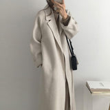 Women Elegant Long Wool Coat With Belt Solid Color Long Sleeve Chic Outerwear Ladies Drop Shoulder Overcoat 2021 1111