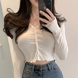 Korean Style Crop Top Women Tees 2021 Summer Sexy Button Short V Neck Long Sleeve Base Shirt Clothes T Shirt Tops Woman Tshirts