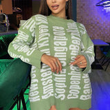 Women Letter Printed O Neck Knitted Sweater Jumper Female Streetswear Chic Style Top Fashion Simple Long Sleeve Pullover Dress