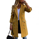 PENERAN Long Sleeve Wool Coat Pure Color Breathable Turn-Down Collar Double-Breasted Women Overcoat Outerwear