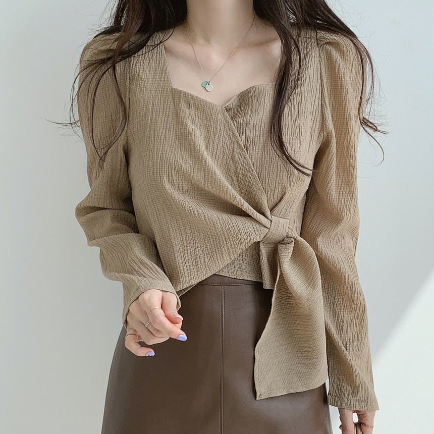 PENERAN Autumn Chic Long Sleeve Tops Women Korean Fashion Square Collar Vintage Shirt Solid Color Blouses Female Casual Blusas Mujer
