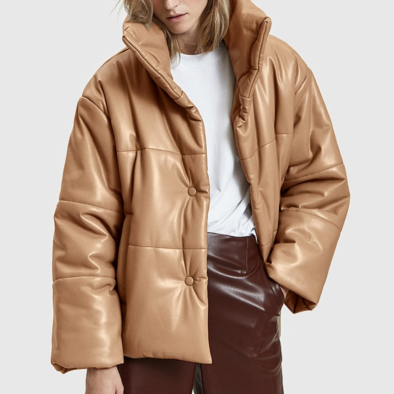 Christmas Gift Women PU Leather Parkas Fashion High Street Solid Faxu Leather Coats Elegant Winter Thick Cotton Jackets Loose Outerwear