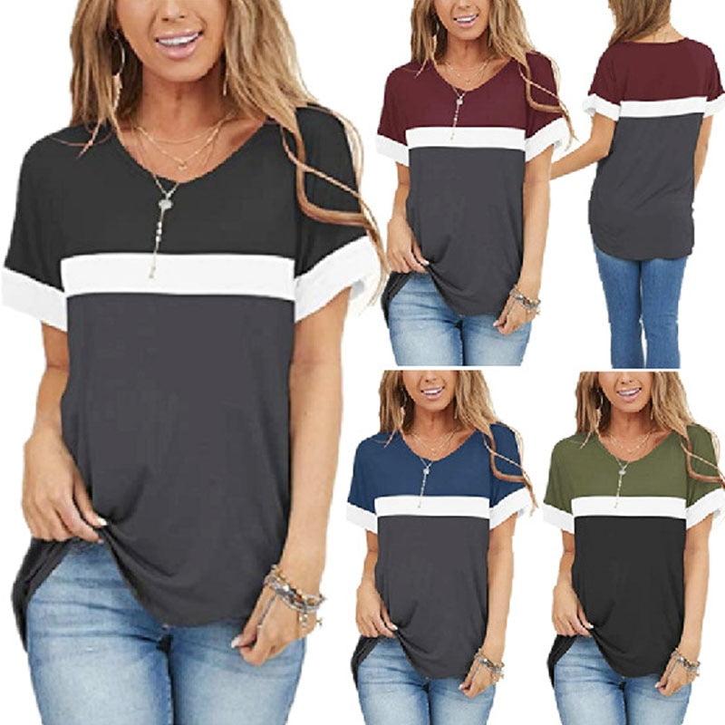 Peneran 2022 Spring And Summer European And American Women's Solid Color Round V Short-Sleeved Contrast Color Stitching T-Shirt Top