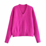 Christmas Gift 2021 Winter Soft Knit Sweater Woman Long Sleeve V Neck Ribbed Sweaters Fuchsia Knitted Tops Female Vintage Fitted Pullover