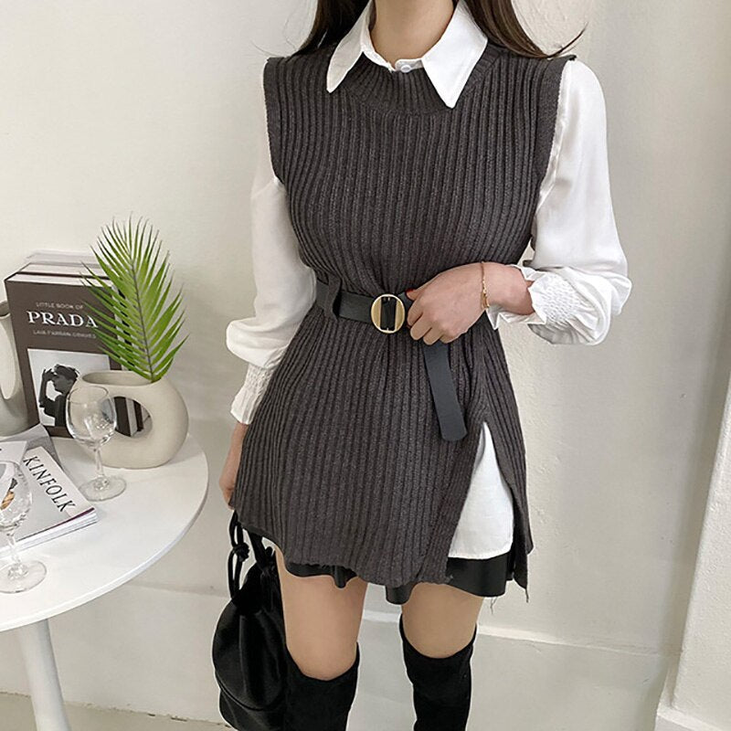 PENERAN Fall Winter Clothes Women 2023 Shirt And Sweater Vest Set With Belt Ribbed Knitted Pullover Sweater Vest Casual Jumper