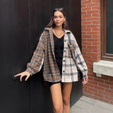 Christmas Gift Women Plaid Patchwork Sanding Shirt Casual Turn Down Collar Long Sleeve Pocket Single Breasted Loose Blouse Vintage Chic Top New