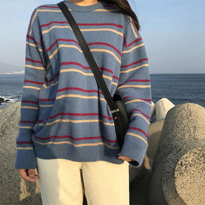 PENERAN 2022  Pullovers Women Soft Autumn Sweaters Daily Tops Womens Pullover Sweet Student Striped Harajuku Knitted Loose Outwear Sweater