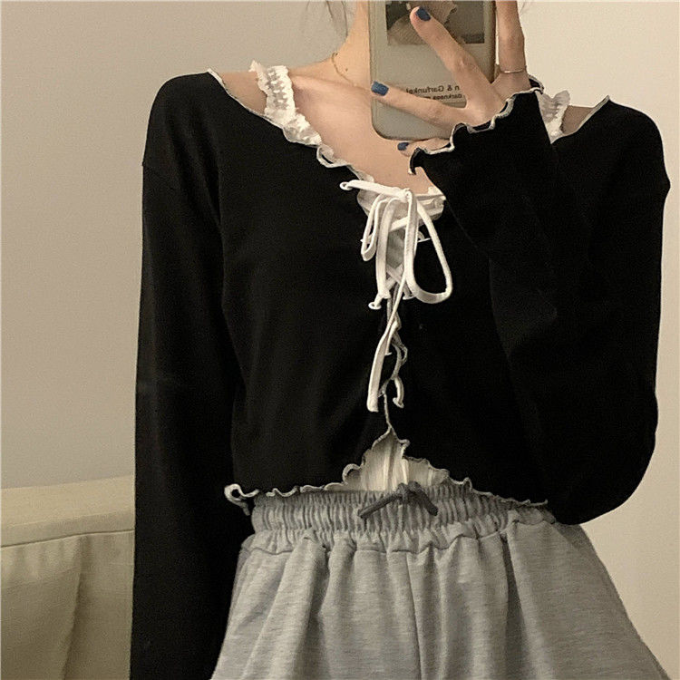 Peneran Women Long Sleeve T-Shirts Lace-Up Patchwork Ruffles Trendy Sweet Lovely Crop Tops Sexy Females Leisure Chic All-Match Outwear