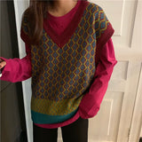 New Colorful Vests Women Fall Casual Loose V-neck Knit Pullovers Sleeveless Female Street Style Hit Color Knitted Waistcoats