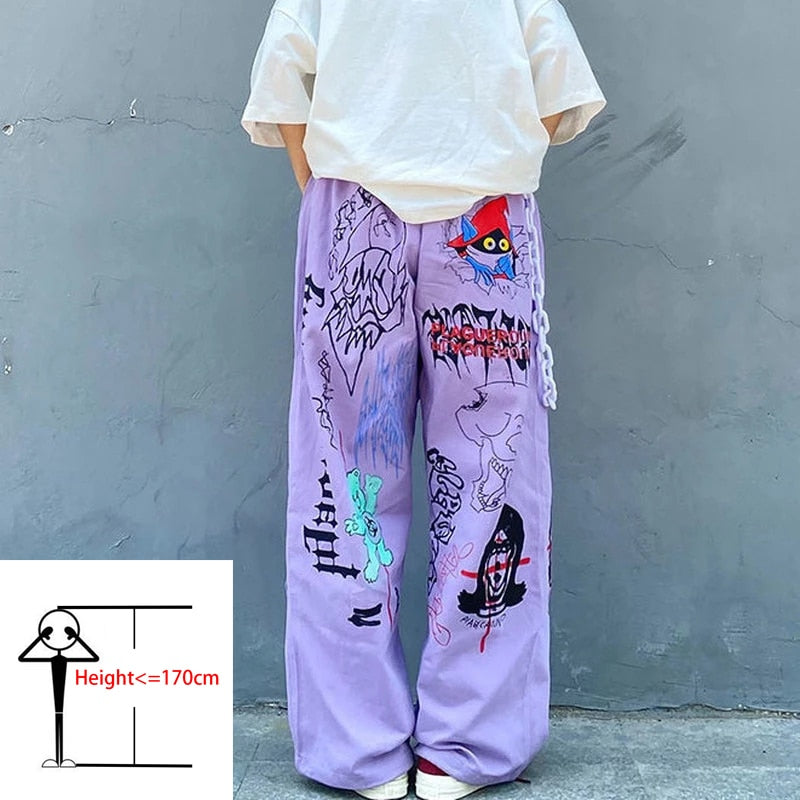 Oversize Y2K Hippie Print Palazzo Pants Women 90s Aesthetic Cartoon Anime Trousers Women Graffiti Wide Leg Pants Women
