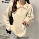 Peneran Autumn Polo Women Hoodies Korean Fashion Streetwear Casual Loose Cool Buttons Letter Print Gray White Black Sweatshirt