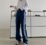 Pantalon Femme Pocket High Waist Dark Blue Jeans Striped Straight Loose Slit 100% Cotton Stretch Jeans Women Plus Size Trousers