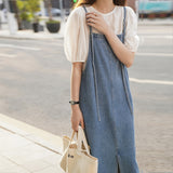 Peneran back to school Summer Sleeveless Dress Women Vintage Split Harajuku Korean Sundress Blue Mid-calf Adjustable Strap High Street Simple Irregular