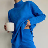 Peneran Knitted Women's Sets 2 Piece Outfits Solid Casual Pullover Tops High Waist Long Pants 2022 Winter Oversize Sweater Suits Blue