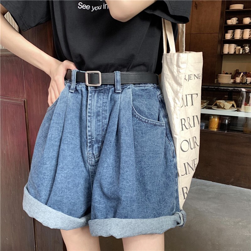 PENERAN Vintage Rolled Women's Denim Shorts 2022 New High Waist Shorts Casual Loose Fashion Plus Size Wide Leg Apricot Short Jeans Girl