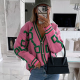 PENERAN Back To School Women Cardigan Green Striped Pink Knit Button Lady Cardigans Sweaters V-Neck Loose Casual Winter Fashion Knitted Coat