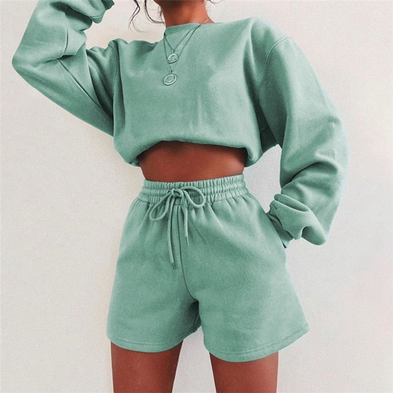 Christmas Gift  Solid Women Shorts Set Loose Casual Sweatshirt Fleece Pullover And Drawstring Shorts Suit Two Pieces Set Thick Tracksuit